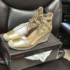Vionic Gold Espadrille Shoes with Wedge Sole